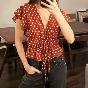 Brick Red and Off- White Polka Dot Tie Top